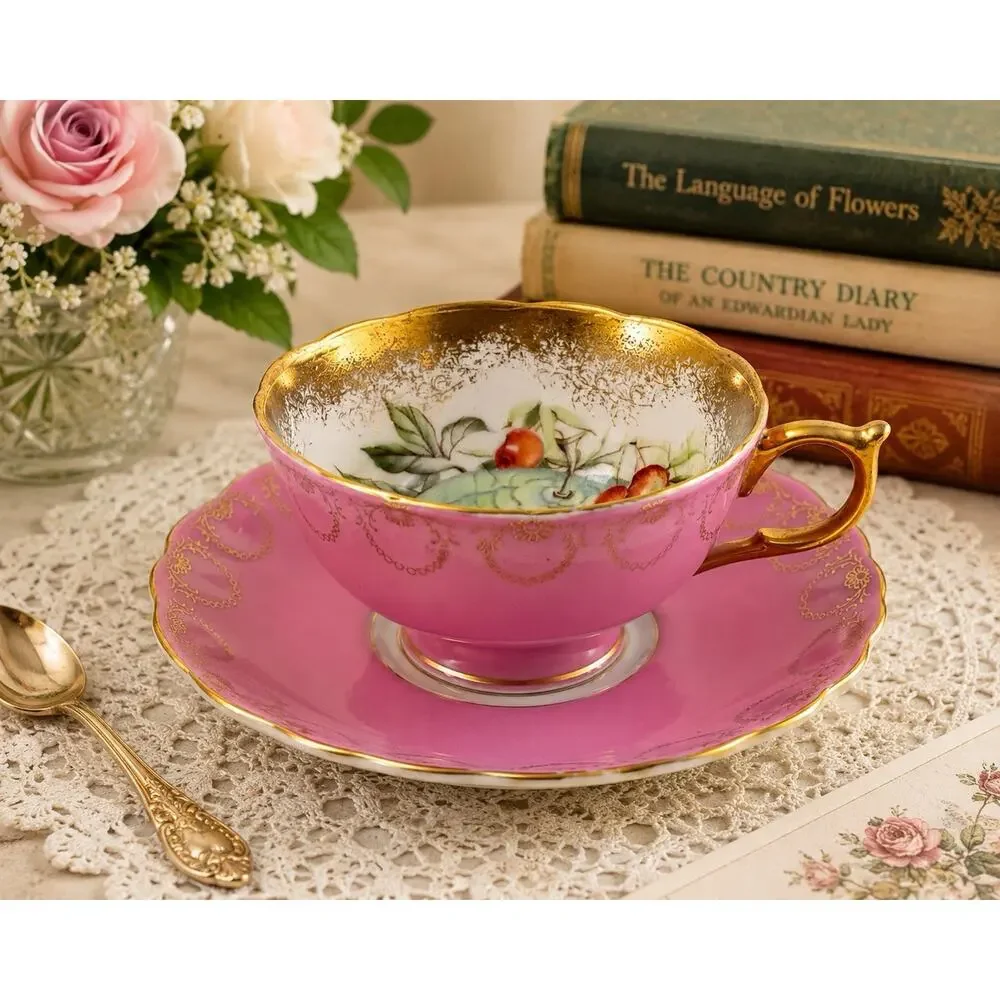 Royal Sealy Japan Pink Gold Gilt Fruit Teacup Saucer Set Vintage Porcelain